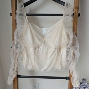 H&M Women's Cream Sheer Top With Ruffled And Puffed Sleeves - Size XXL